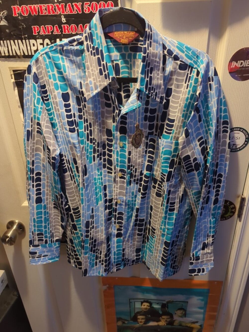 VTG 70s Kings Road Sears Disco Shirt Dagger Collar Abstract Mens Large Blue Tag